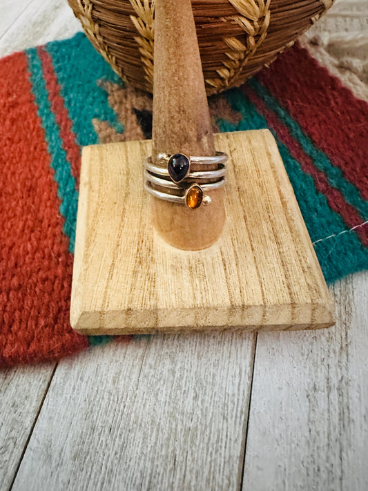 Handcrafted Amber, Amethyst & Sterling Silver Ring Size 8.5