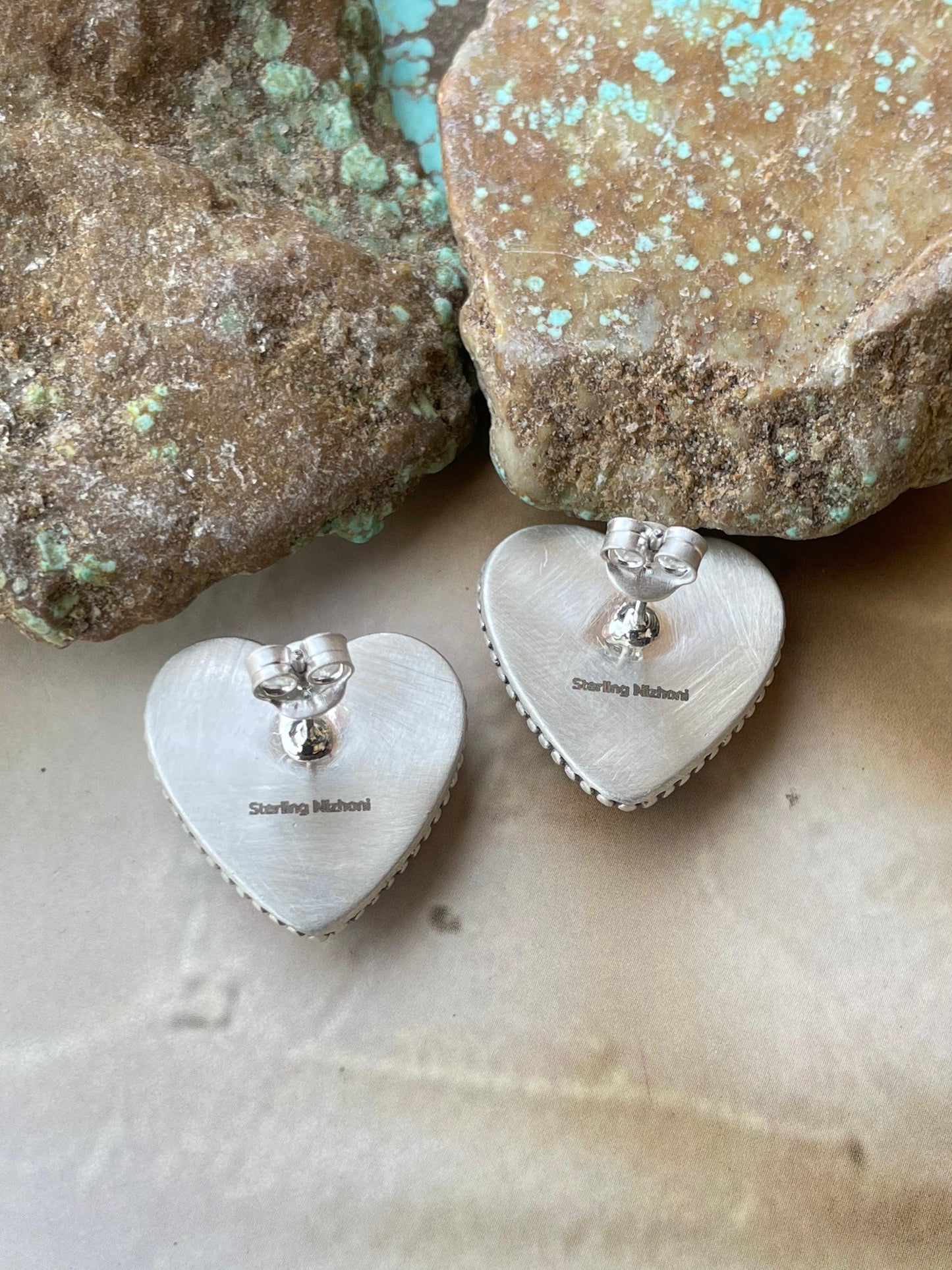 Handmade Pink Dream Mojave and Sterling Silver Heart Earrings Signed Nizhoni