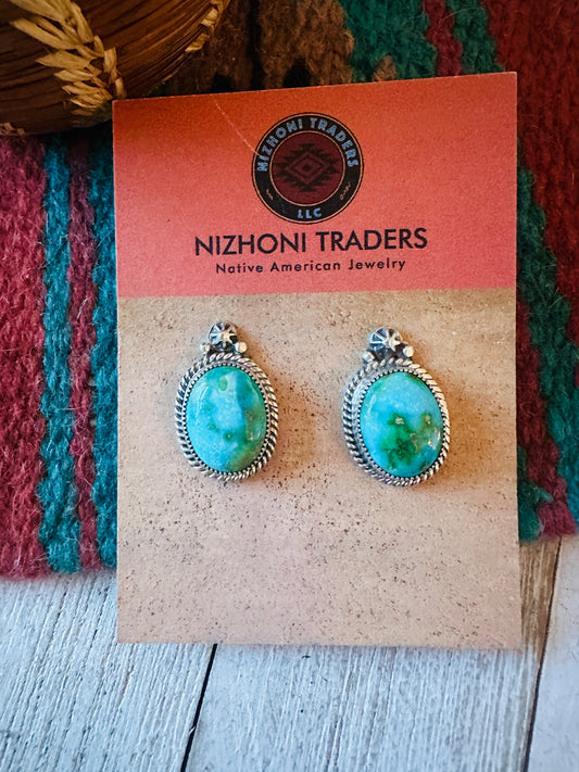 Navajo Sonoran Mountain Turquoise And Sterling Silver Post Earrings