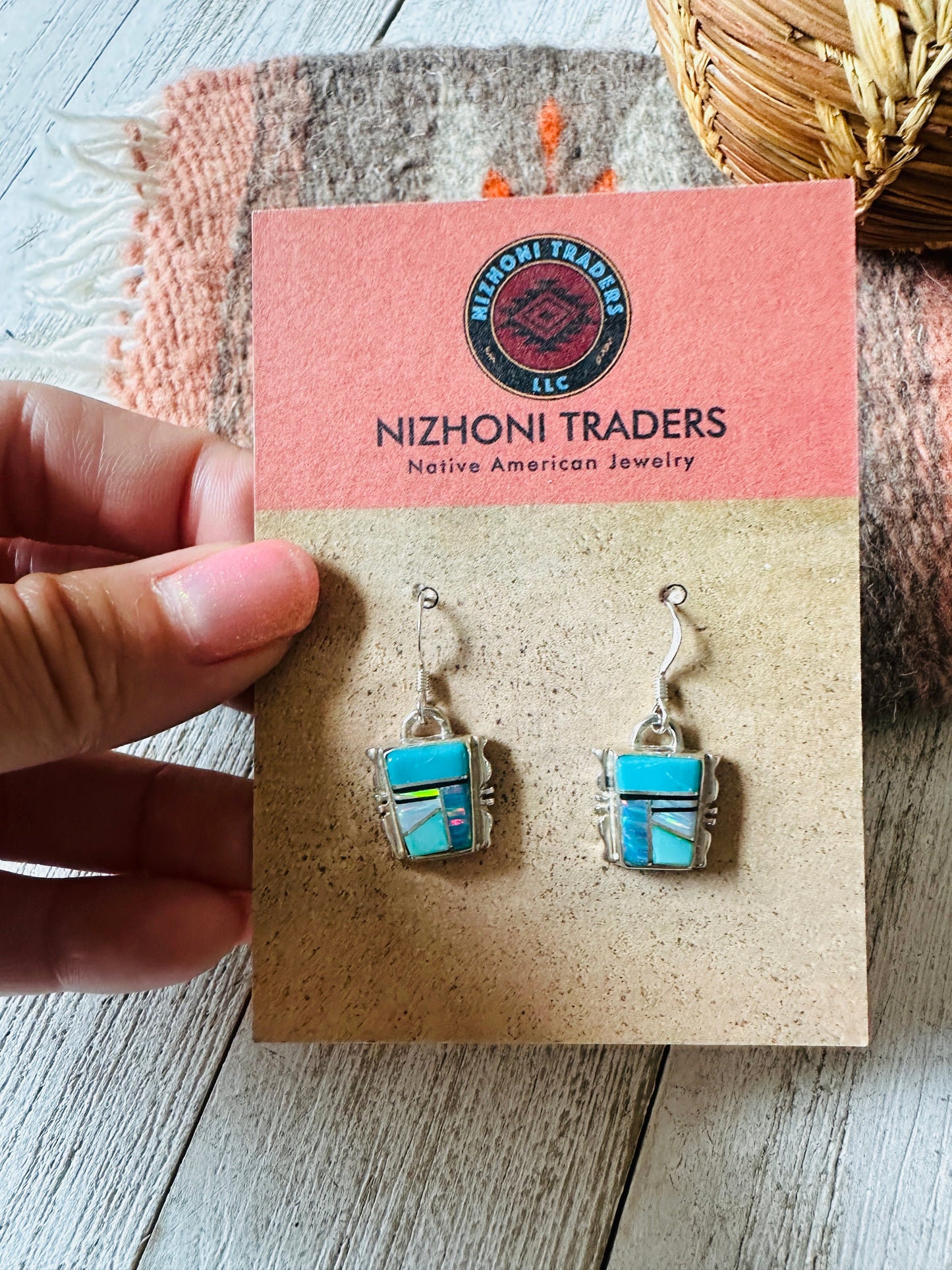 Handcrafted Sterling Silver & Multi Stone Inlay Dangle Earrings