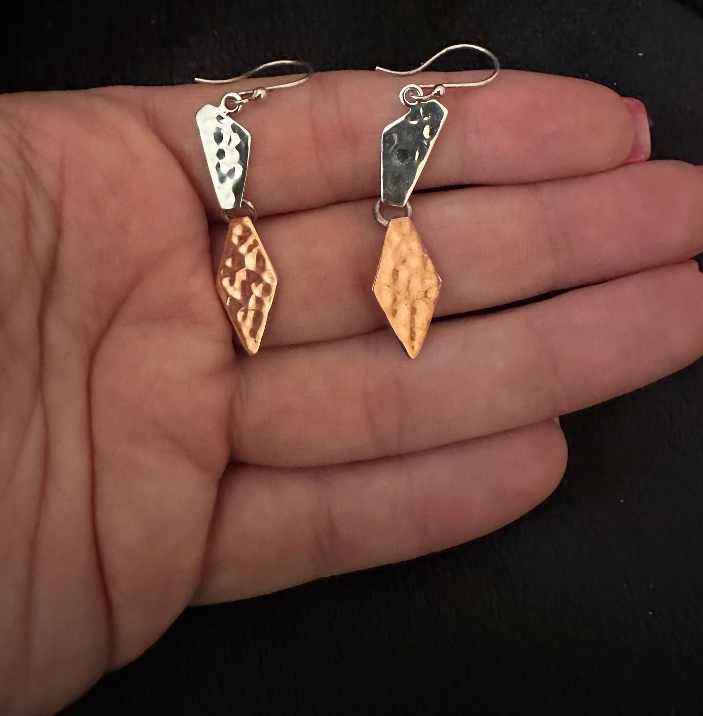 Hammered Copper & Silver Shapes Earrings on Hook