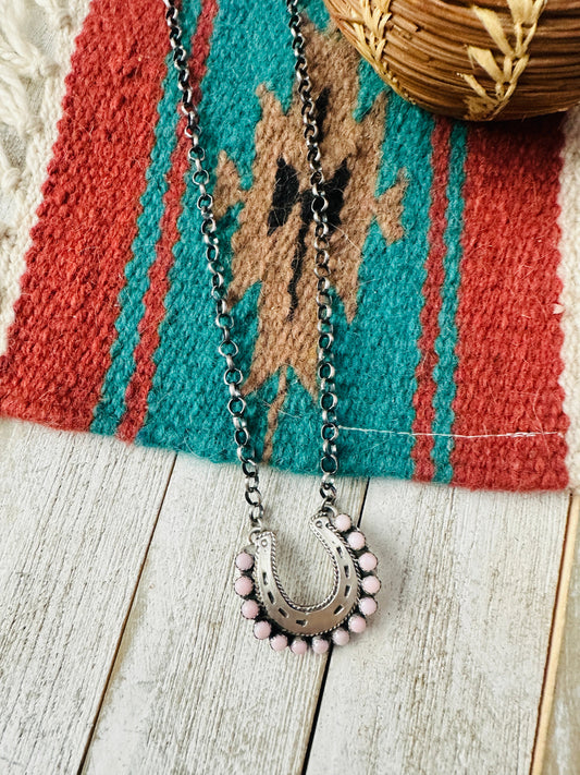 Navajo Queen Pink Conch & Sterling Silver Horseshoe Necklace