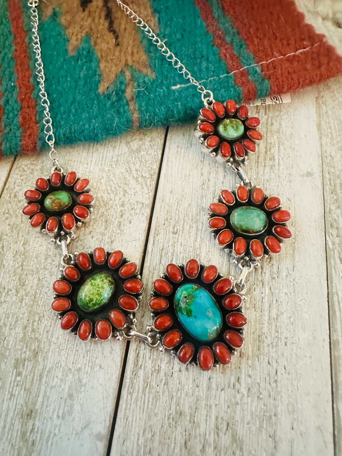 ** Christmas Collection ** Handmade Sterling Silver, Sonoran Mountain Turquoise & Coral Necklace Signed Nizhoni