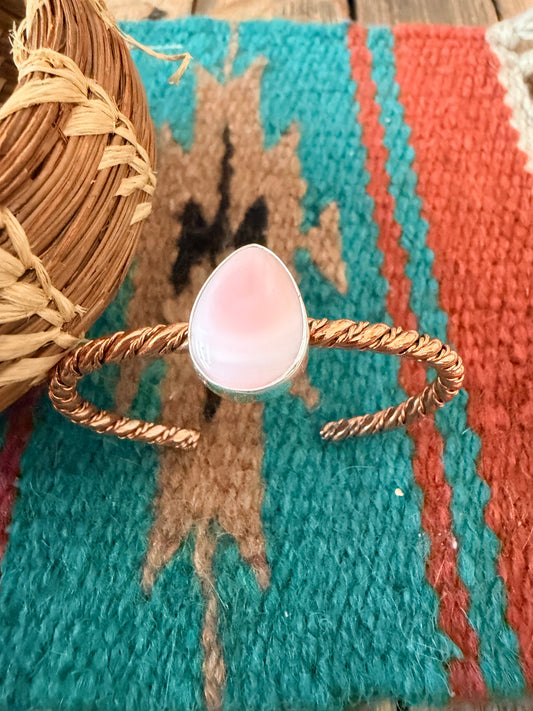 Handcrafted Queen Pink Conch & Copper Twisted Cuff Bracelet by Julia Etsitty
