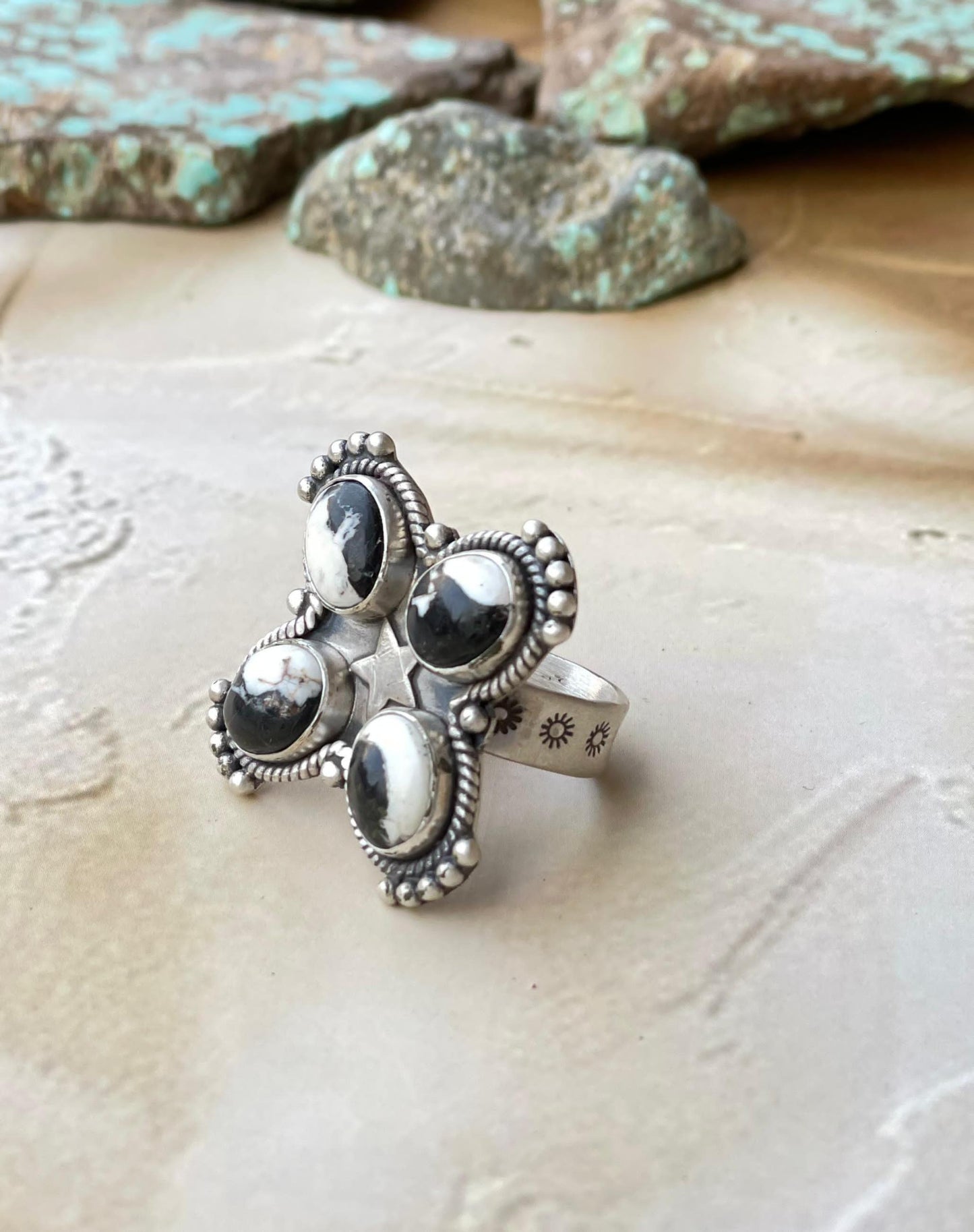 Handmade White Buffalo & Sterling Silver Adjustable STAR Ring
