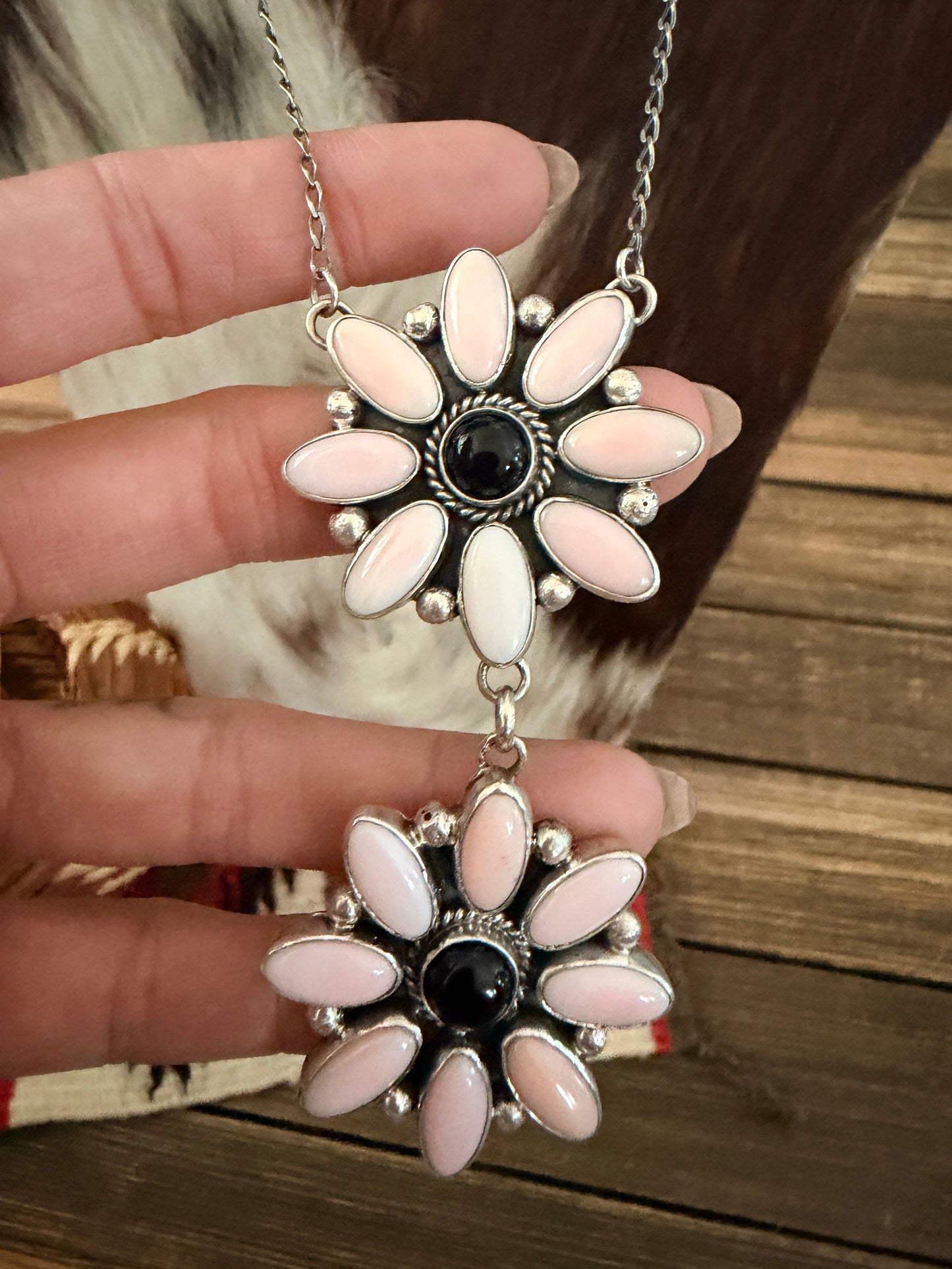 Handcrafted Queen Pink Conch, Onyx & Sterling Silver Necklace