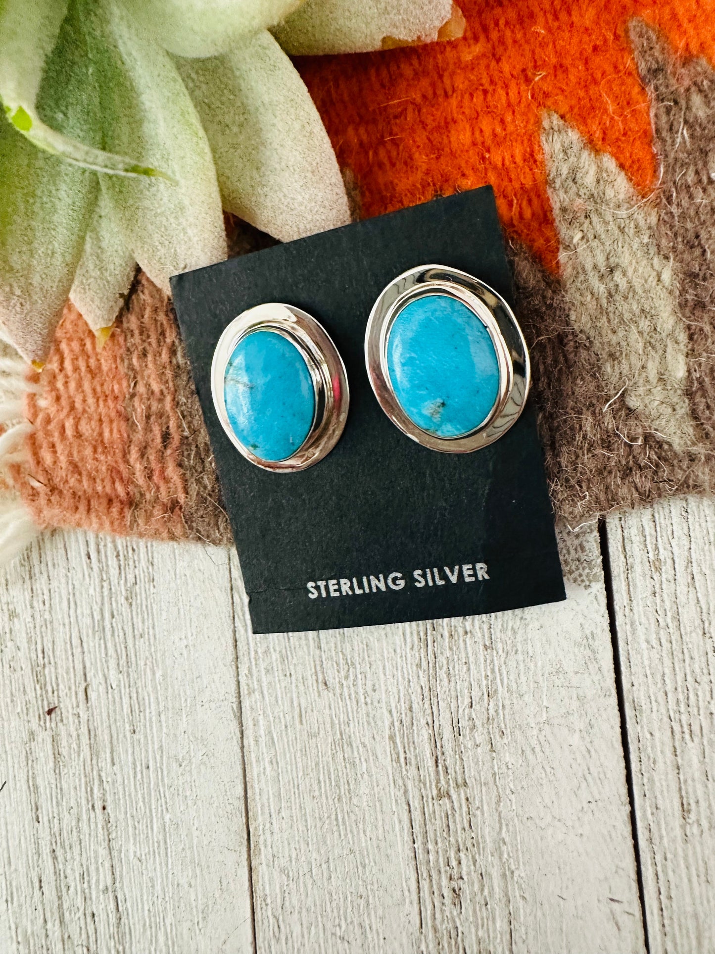 Navajo Turquoise and Sterling Silver Oval Post Earrings