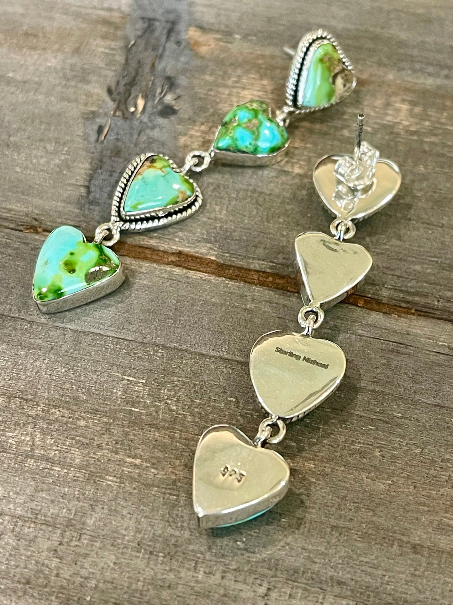Handmade Emerald Valley Turquoise and Sterling Silver Dangle Heart Earrings