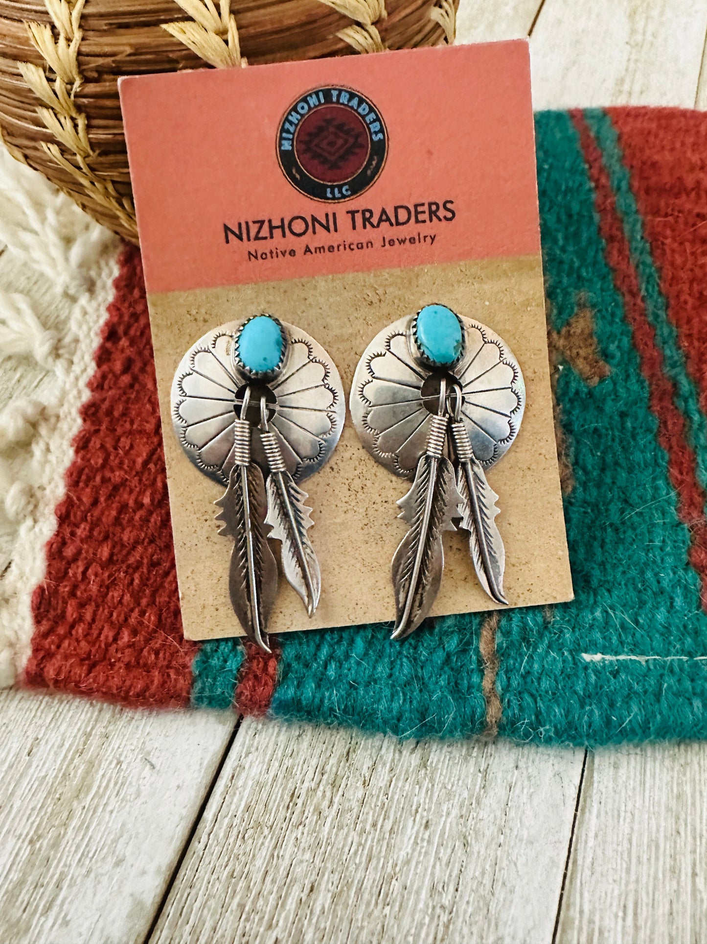 Handcrafted Old Pawn Kingman Turquoise & Sterling Silver Feather Concho Dangle Earrings
