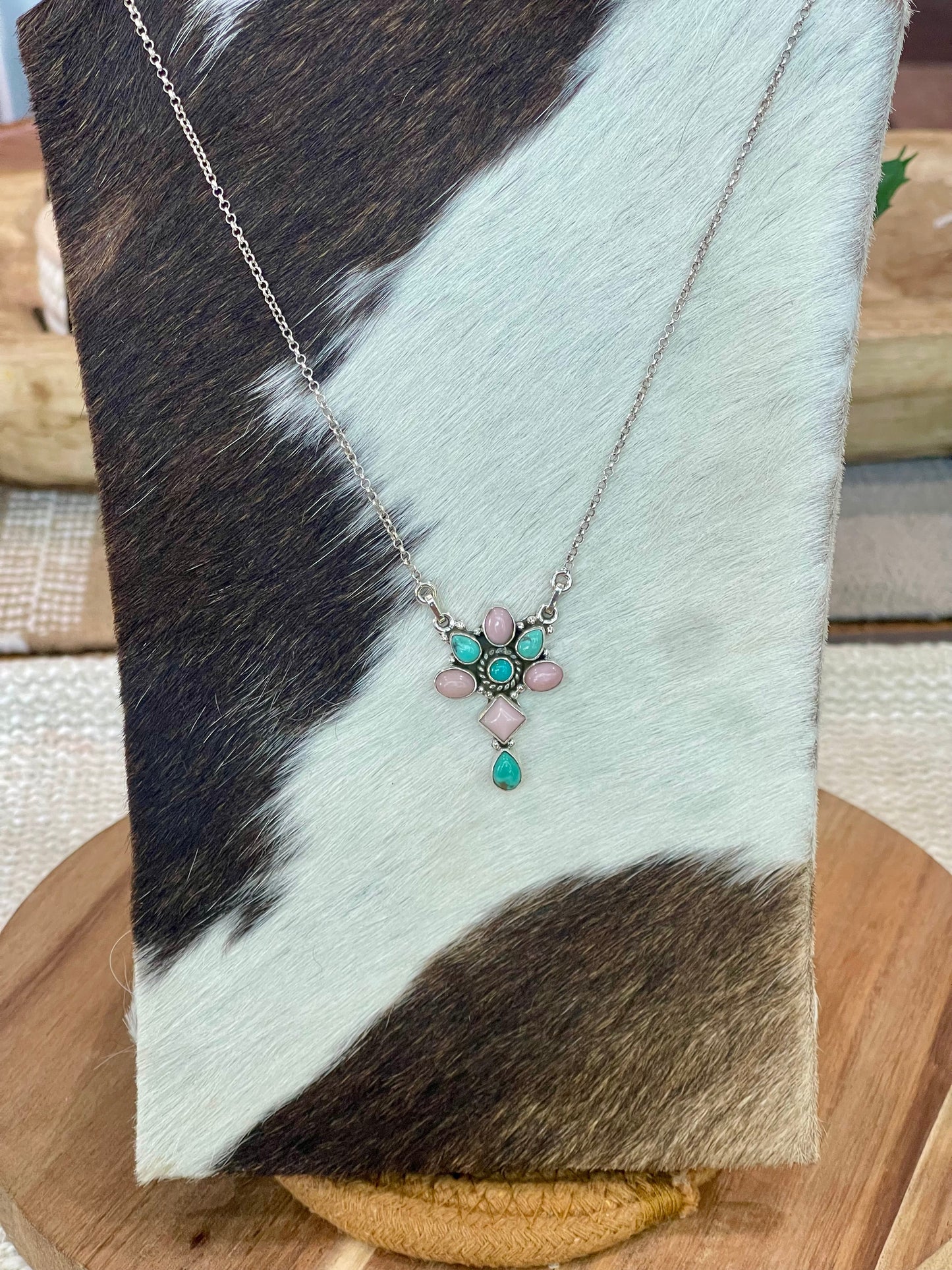 Handcrafted Sterling Silver, Turquoise & Pink Conch Cluster Necklace