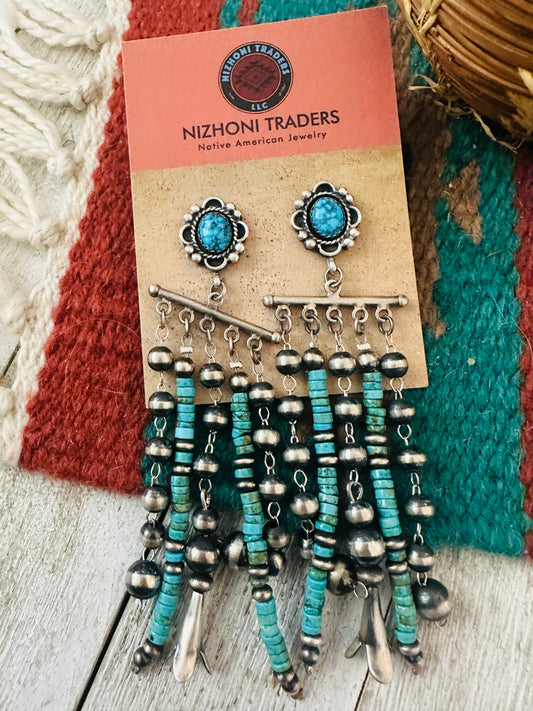 Handcrafted Turquoise & Sterling Silver Pearl Beaded Tassel Dangle Earrings