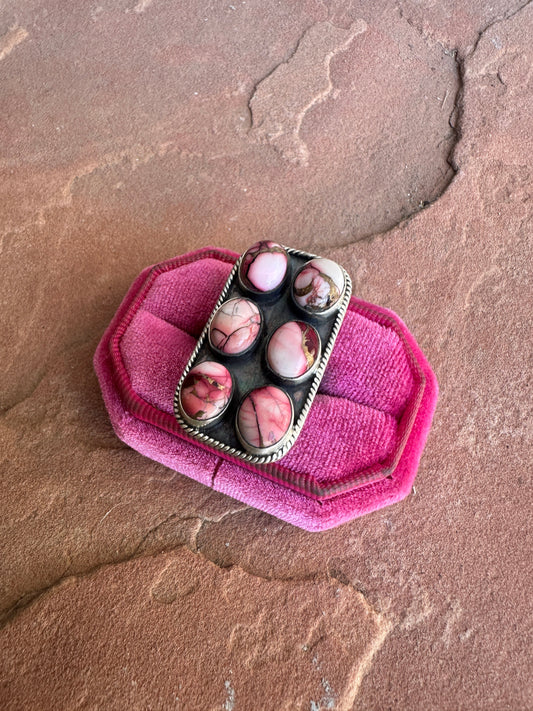 Beautiful Handmade Dahlia Rose And Sterling Silver Adjustable 6 Stone Ring