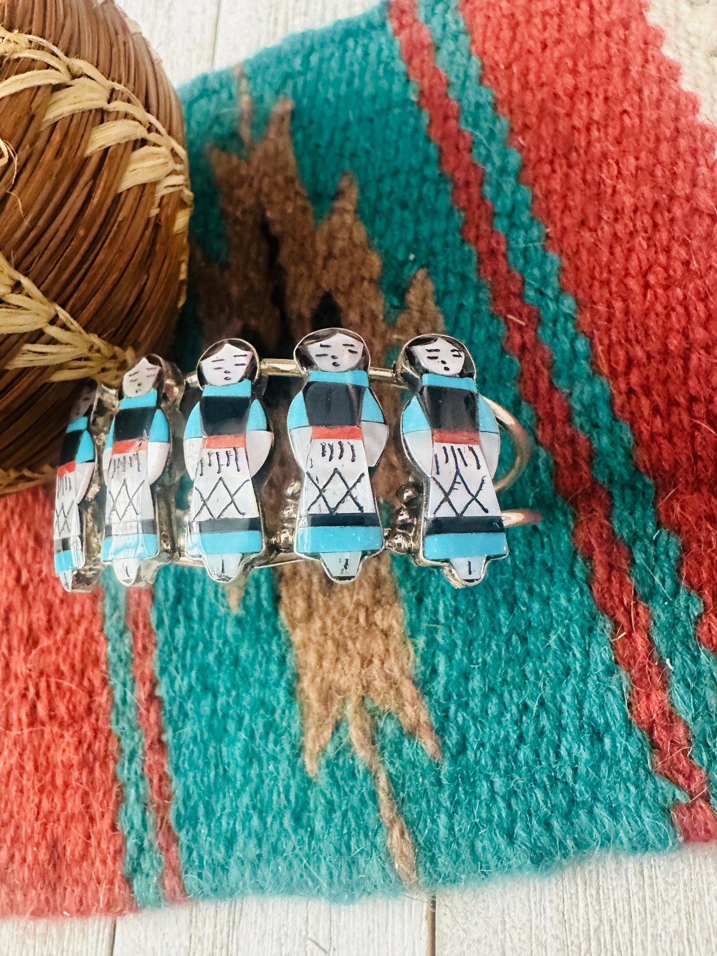 Handcrafted Sterling Silver & Multi Stone Inlay Maiden Girl Cuff Bracelet D