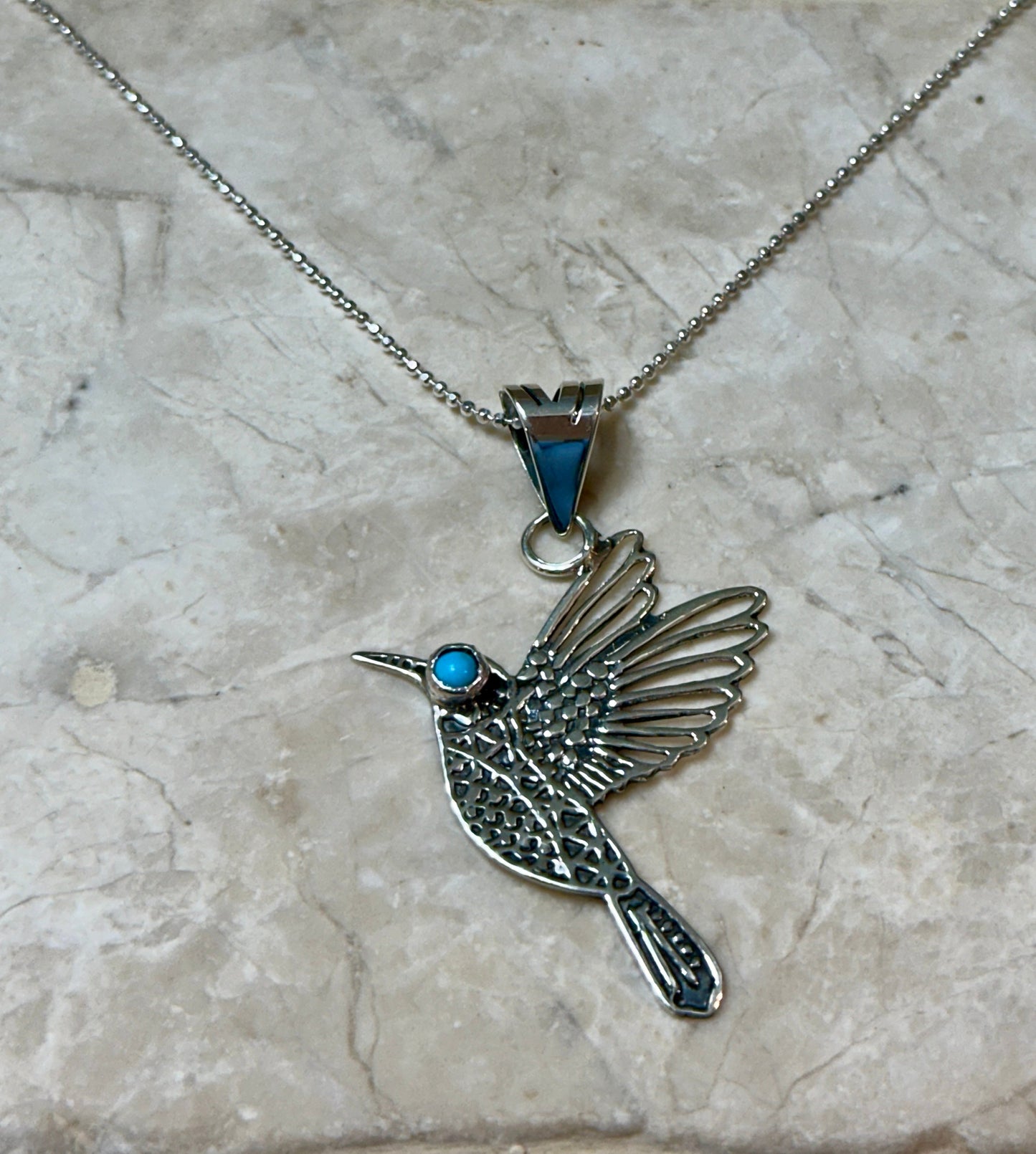 Hummingbird with Turquoise Eyes Sterling Silver Necklace