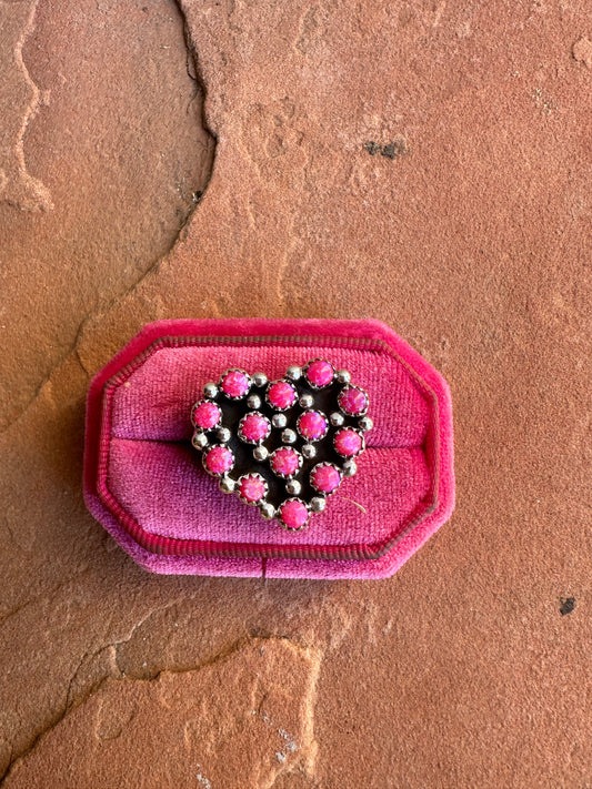 Beautiful Handmade Hot Pink Fire Opal And Sterling Silver Adjustable Cluster Heart Ring