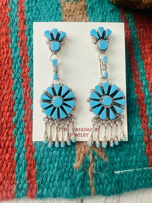 Handcrafted Sterling Silver & Turquoise Cluster Tassel Dangle Earrings