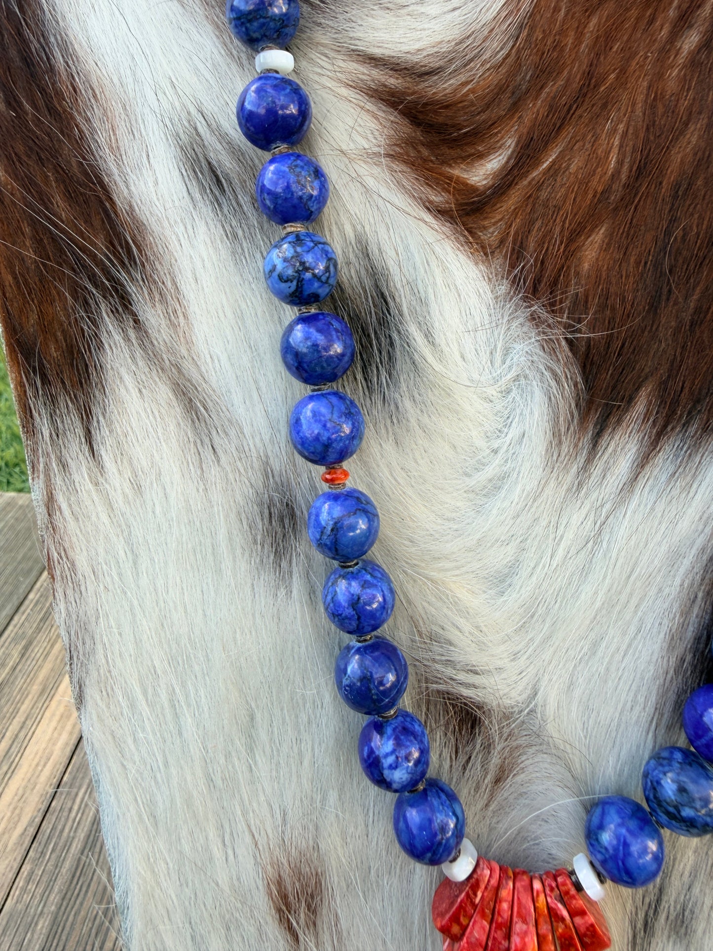 Handcrafted Lapis, Spiny Oyster Shell & Sterling Silver 18” Beaded Necklace