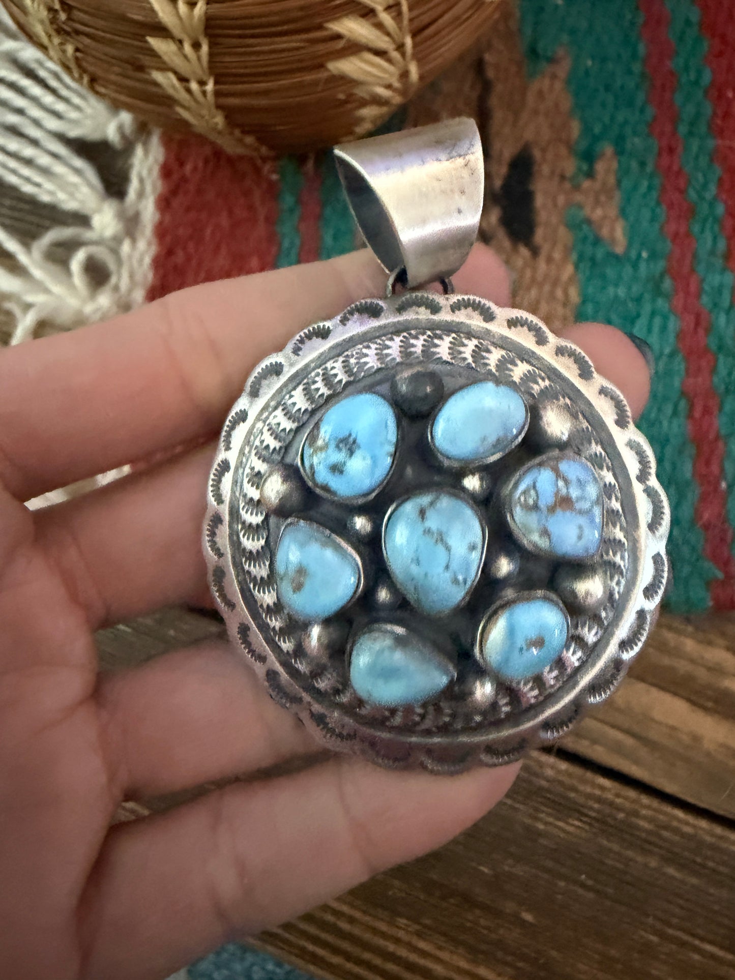 Handcrafted Sterling Silver & Golden Hills Turquoise Concho Pendant by Chimney Butte