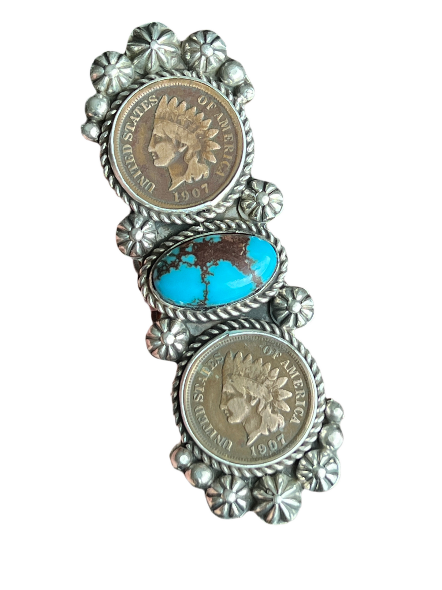 Apache Sterling Silver, Egyptian Turquoise and Indian Head Penny Ring by Rosella Paxson: Size 9