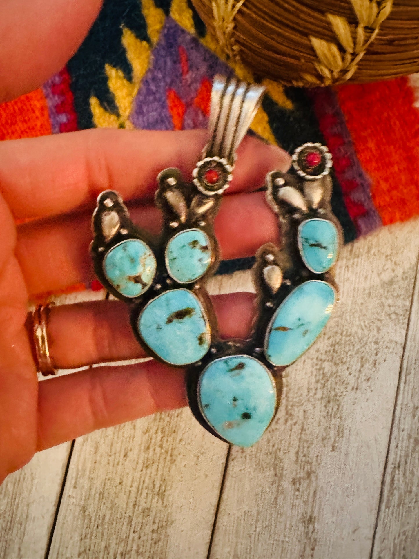 Handcrafted Turquoise, Coral and Sterling Silver Cactus Pendant