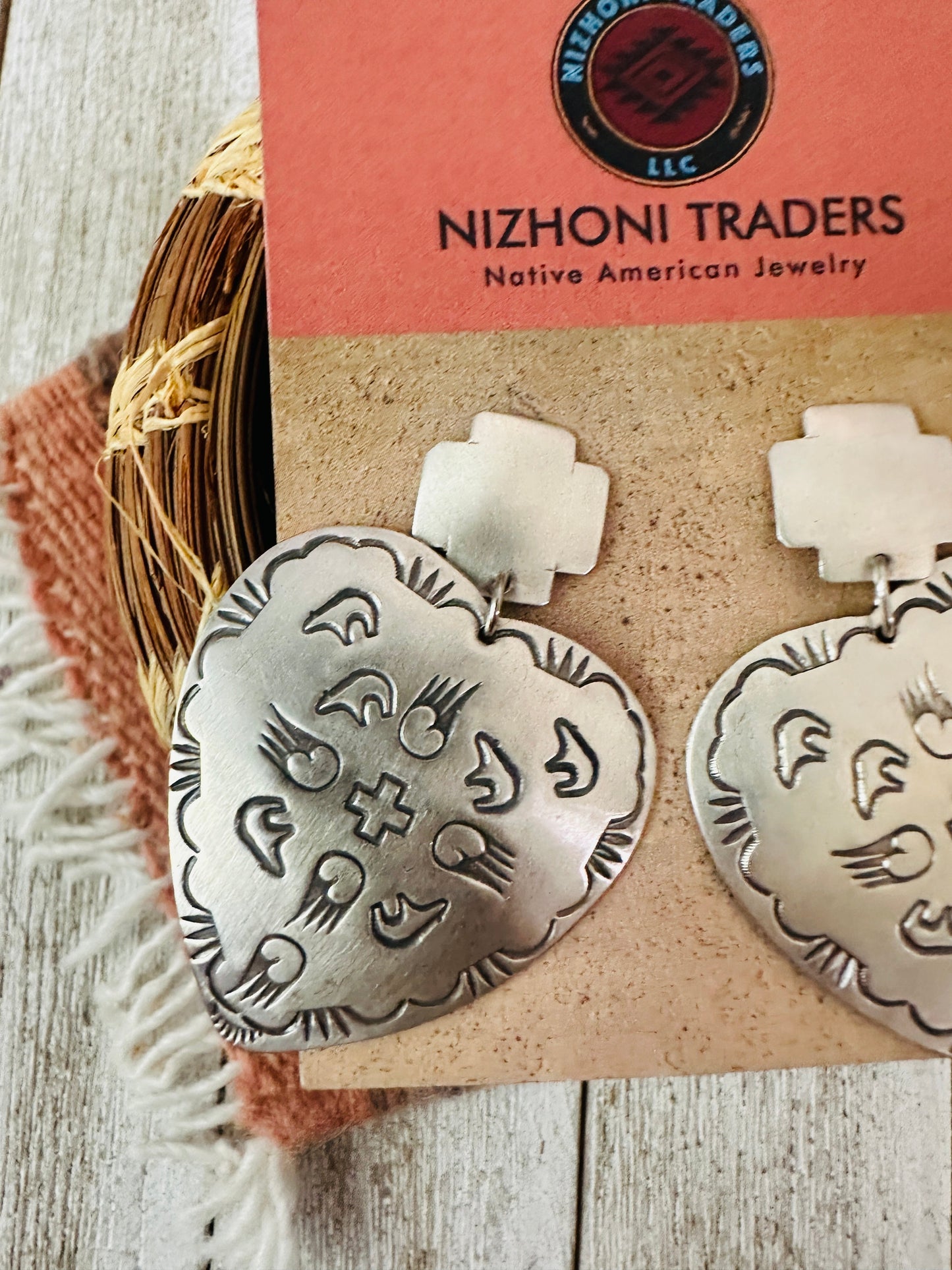 Handcrafted and Hand Stamped Sterling Silver Concho Heart Dangle Earrings