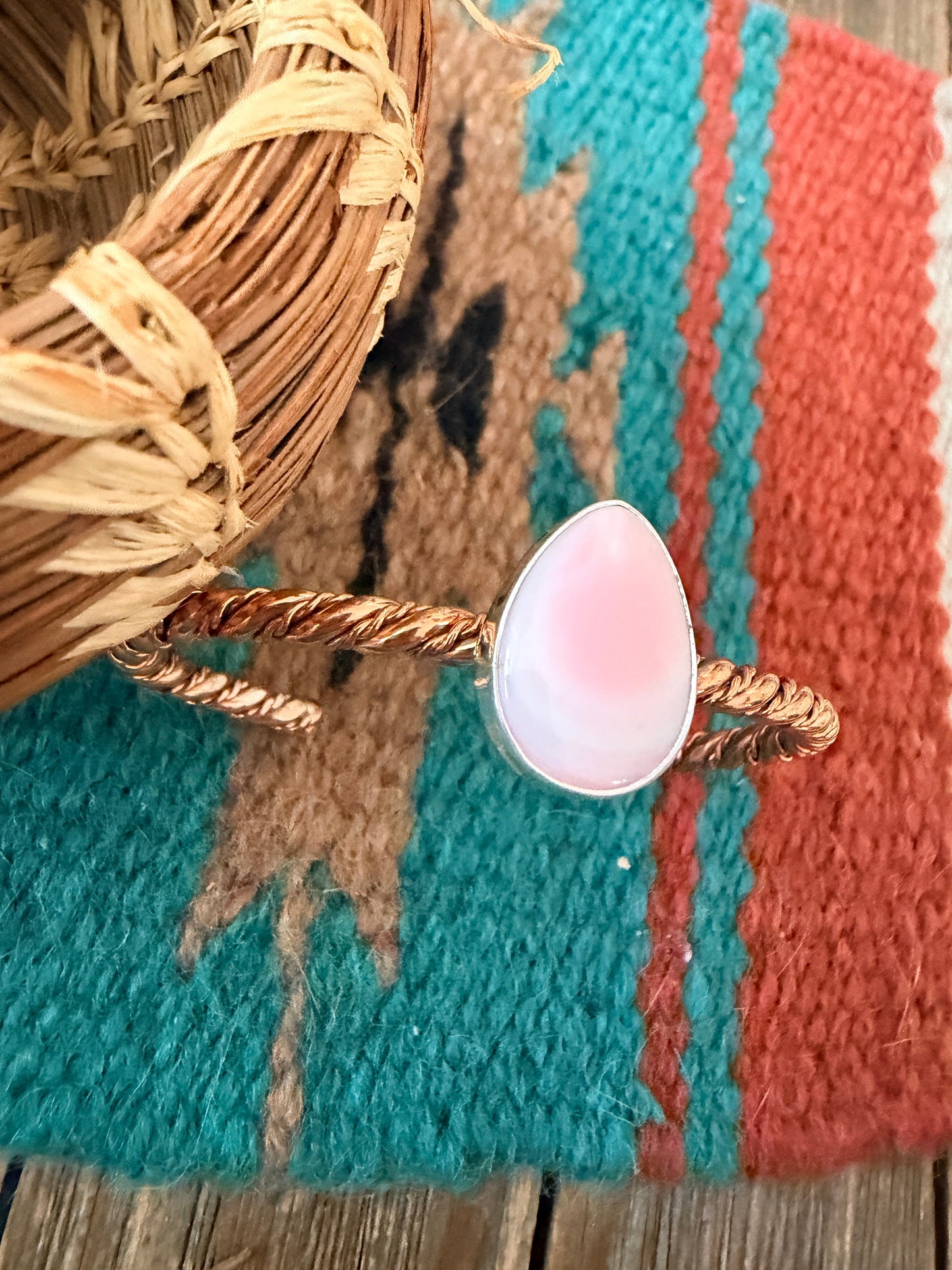 Handcrafted Queen Pink Conch & Copper Twisted Cuff Bracelet by Julia Etsitty