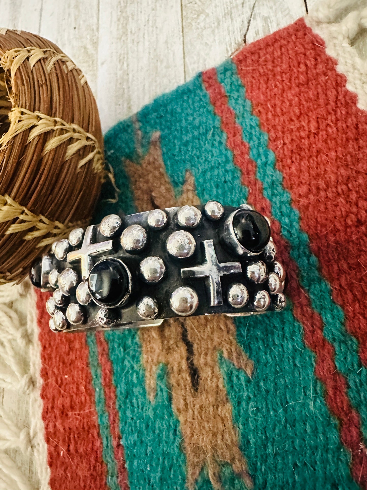 Handcrafted Onyx & Sterling Silver Cross Cuff Bracelet by Chimney Butte