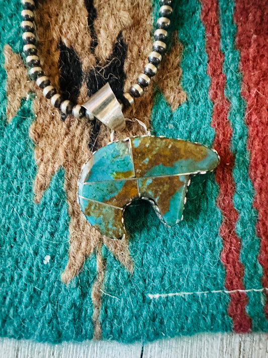 Handcrafted Turquoise & Sterling Silver Inlay Fetish Bear Pendant