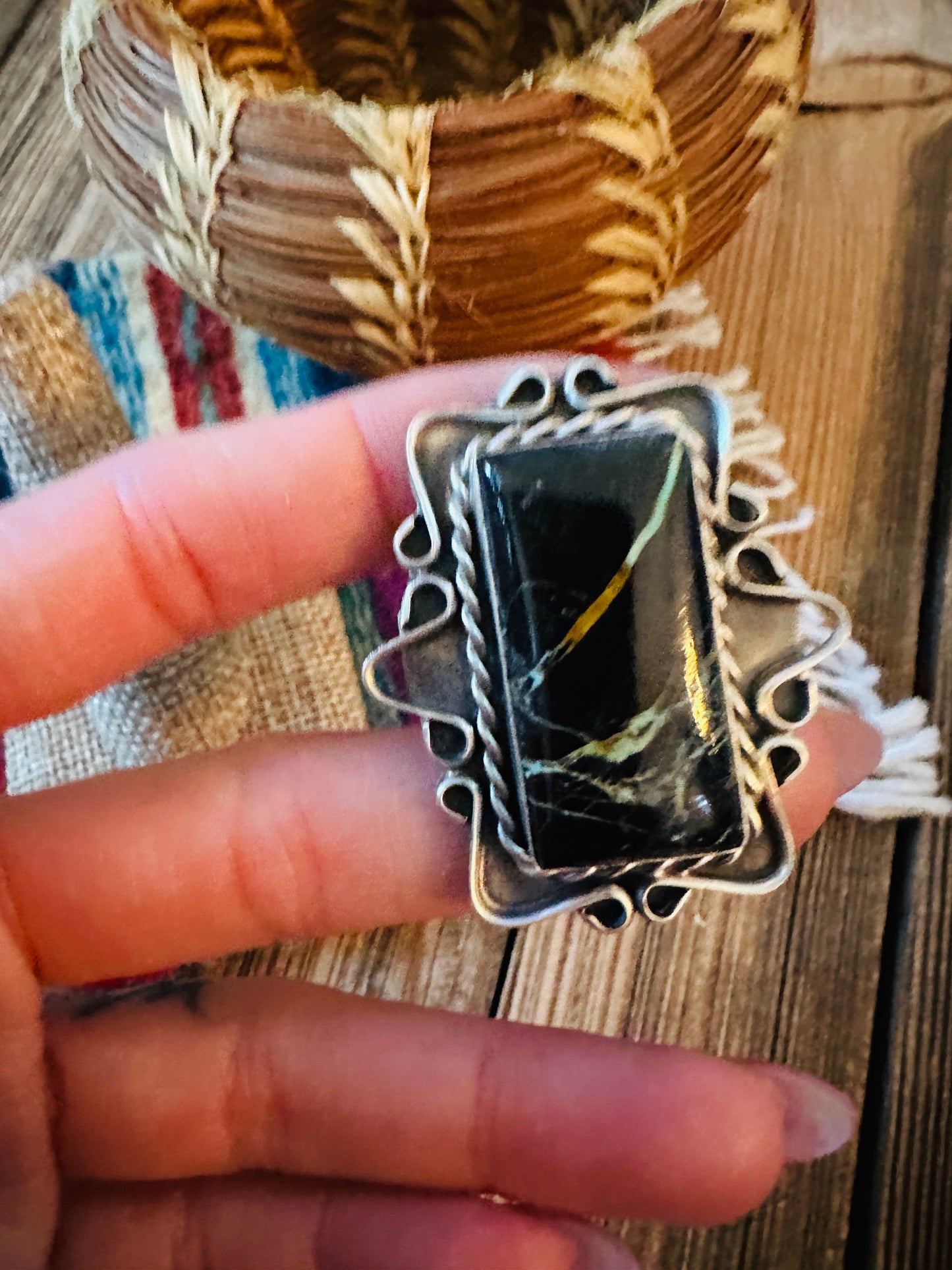 Handcrafted Blackjack Turquoise & Sterling Silver Ring Size 7.25