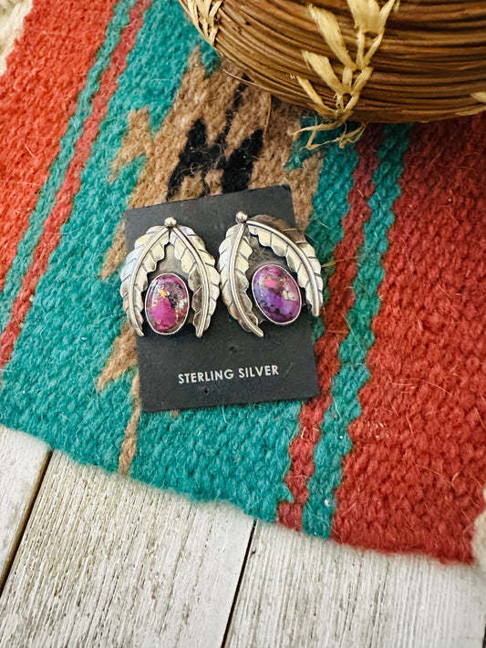 Handcrafted Pink Mojave & Sterling Silver Leaf Post Earrings