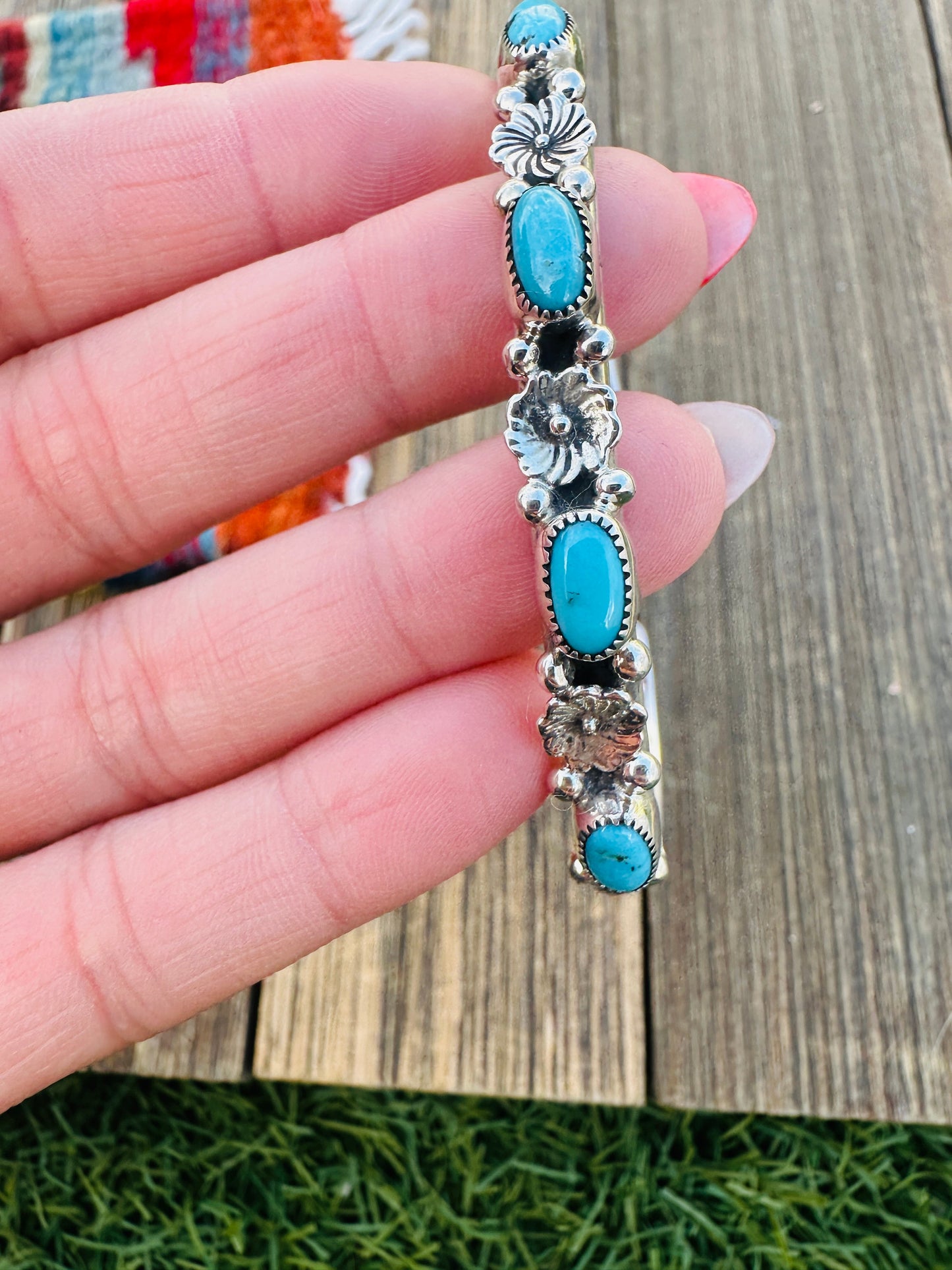 Handcrafted Turquoise & Sterling Silver Flower Stacker Cuff Bracelet