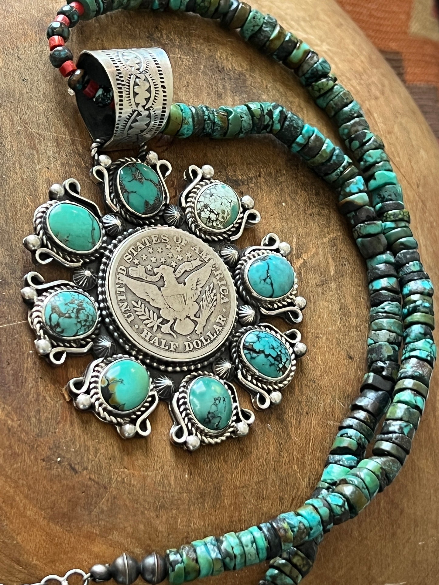 Rosella Paxson Hubei Turquoise and Barber Half Dollar Cluster Pendant