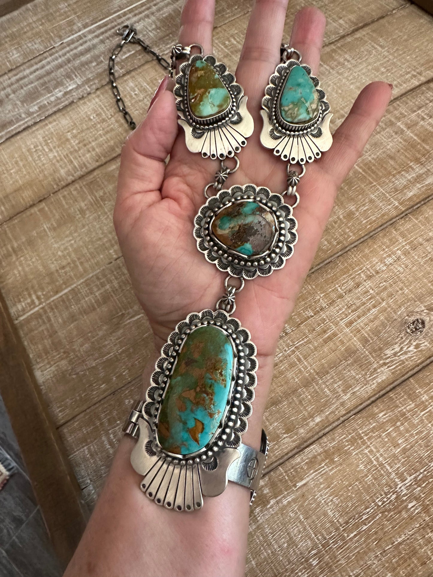 Charles Johnson Handcrafted Royston Turquoise & Sterling Silver Necklace, Bracelet and Ring Set Signed