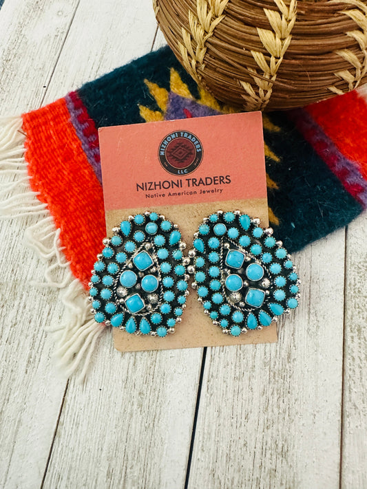 Navajo Sleeping Beauty Turquoise & Sterling Silver Cluster Post Earrings