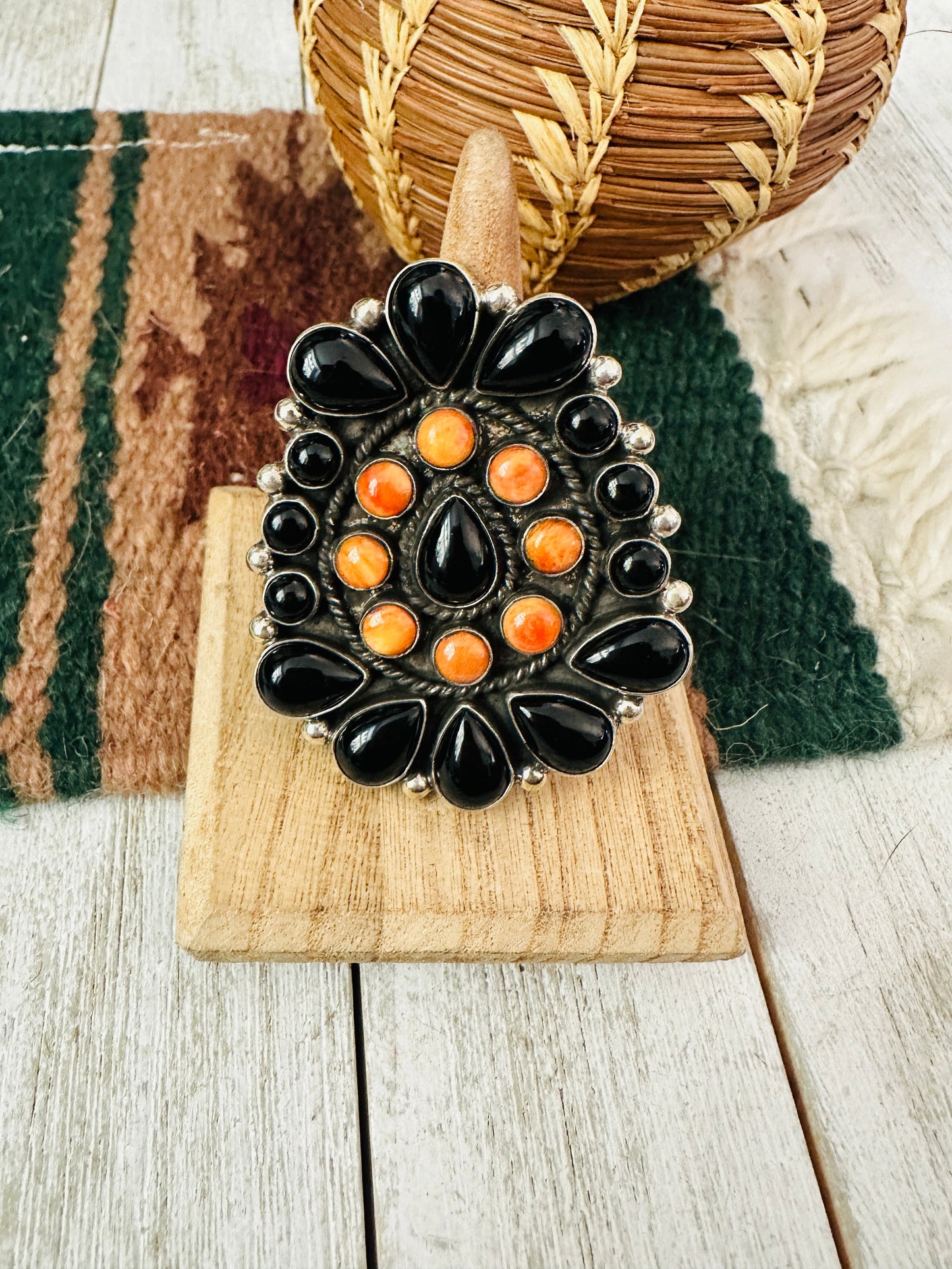 Handcrafted Sterling Silver, Onyx & Spiny Cluster Adjustable Ring