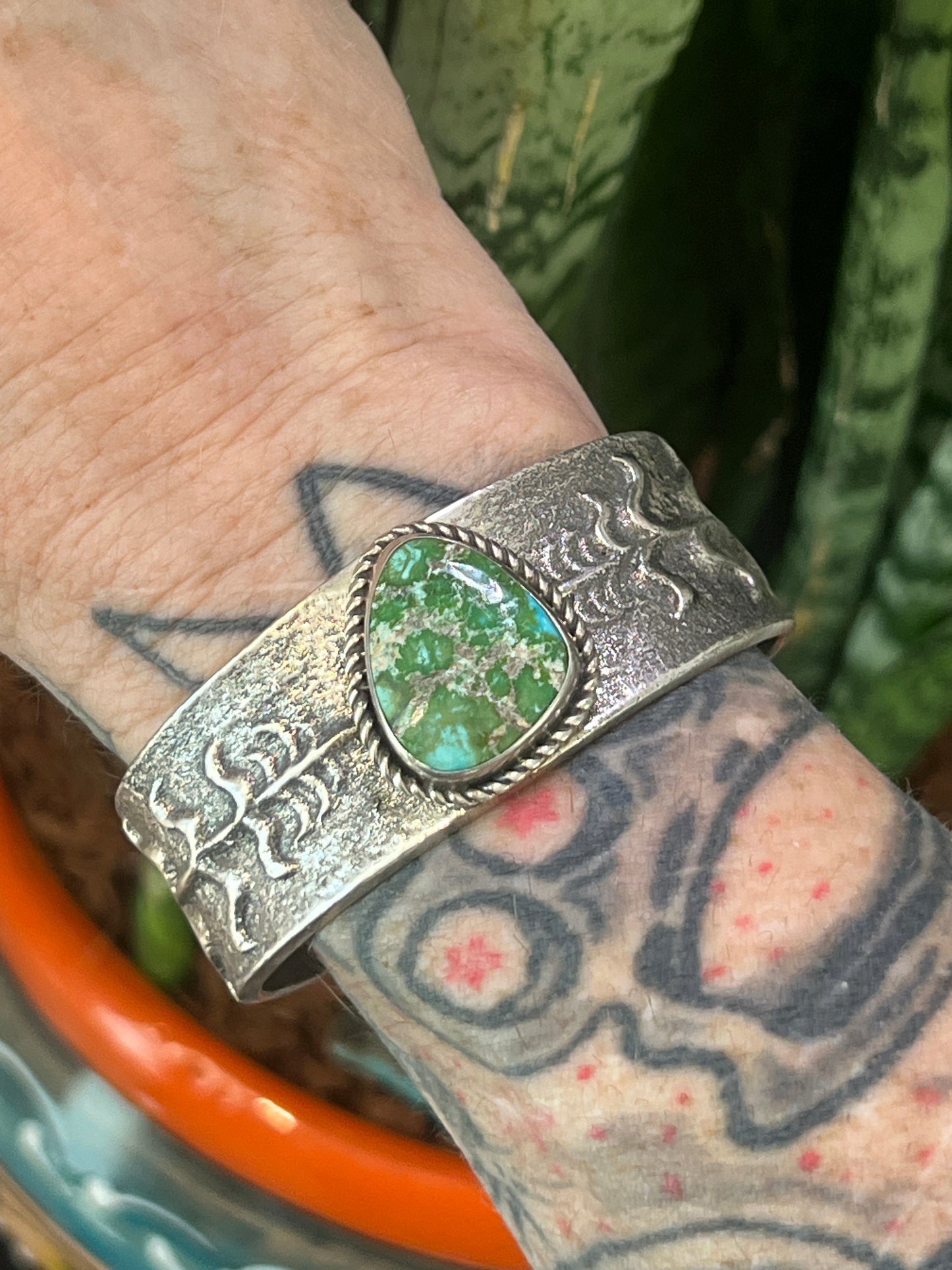 Handcrafted Sterling Silver Tufa Cast Corn Stalk Cuff with Sonoran Gold Turquoise by Gary Custer