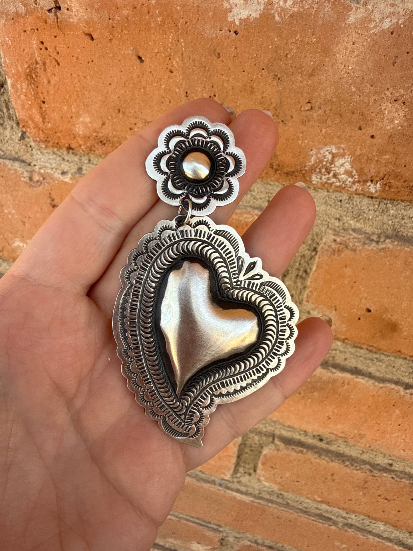 Handcrafted Sterling Silver Concho Heart Dangle Earrings by Leander Tahe
