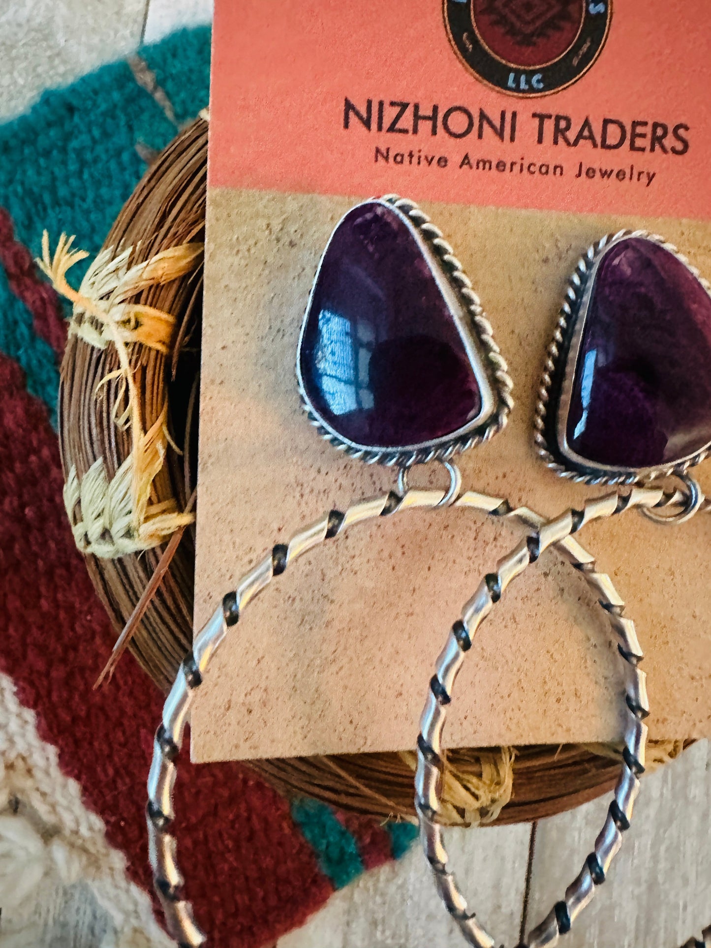 Handcrafted Purple Spiny and Sterling Silver Dangle Hoop Earrings