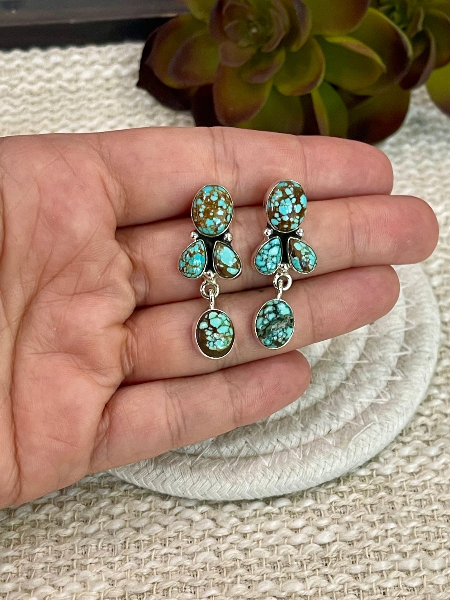 Handmade Sterling Silver Number 8 Turquoise Post Dangle Earrings with Signed Nizhoni
