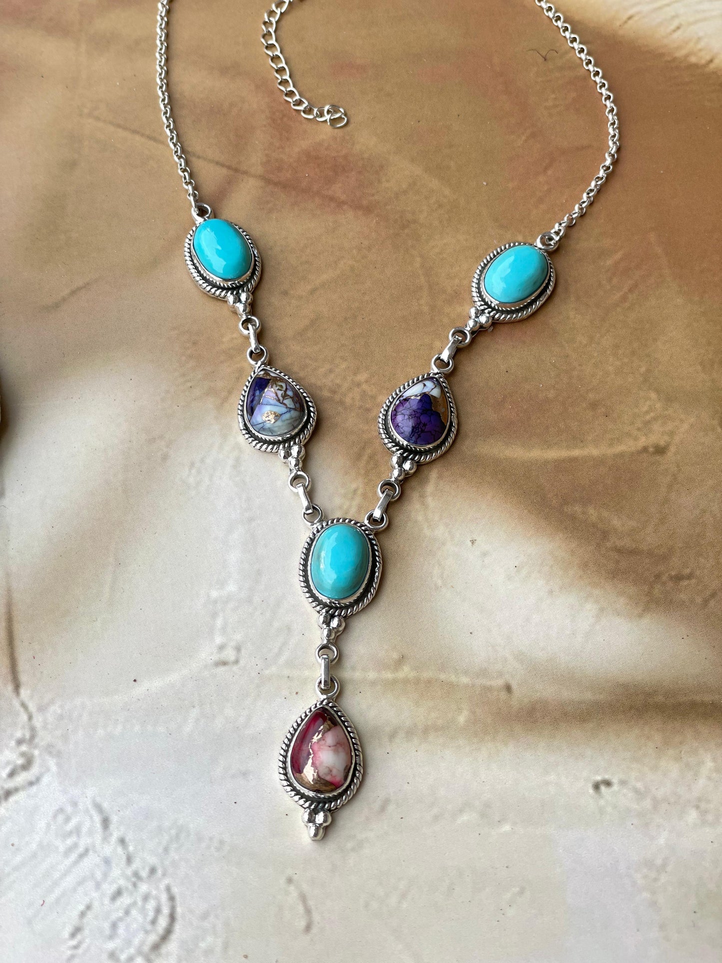 Handmade Sterling Silver, Turquoise, Violet Frost, Dahlia Rose Lariat  Necklace