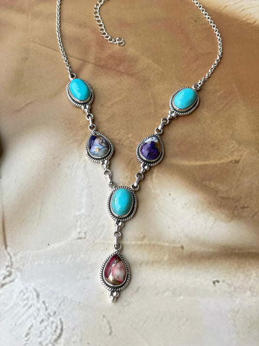 Handmade Sterling Silver, Turquoise, Violet Frost, Dahlia Rose Lariat  Necklace