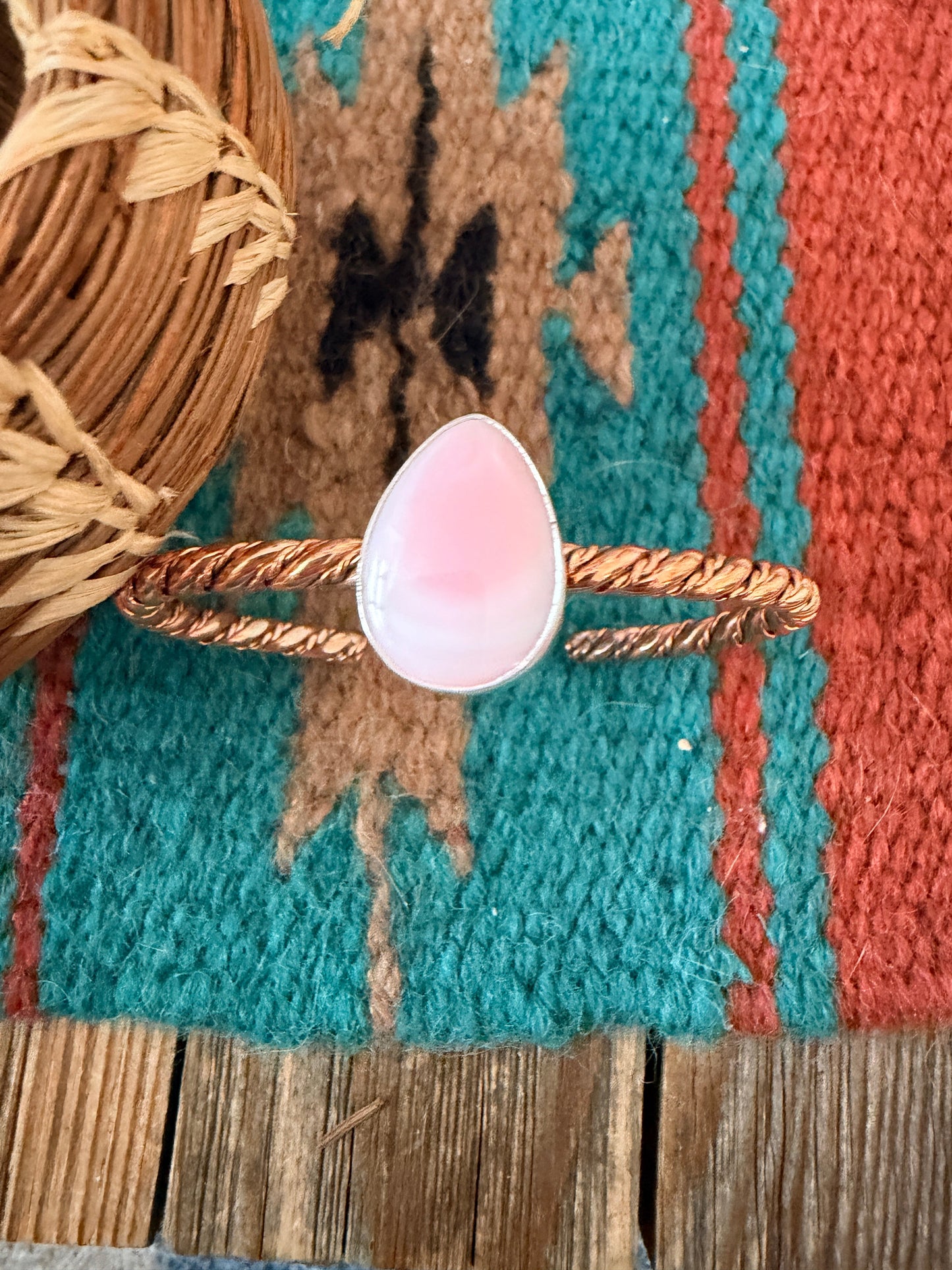Handcrafted Queen Pink Conch & Copper Twisted Cuff Bracelet by Julia Etsitty