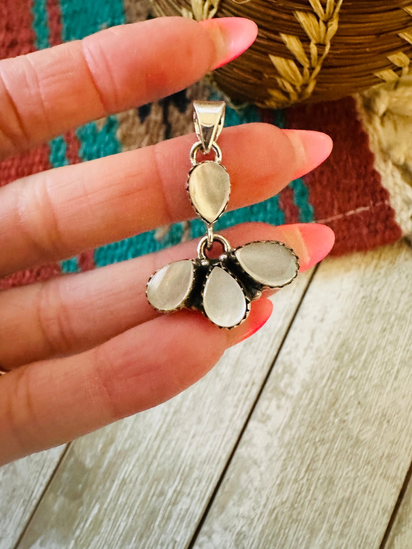 ** Christmas Collection ** Handmade Sterling Silver & Mother of Pearl Pendant Signed Nizhoni