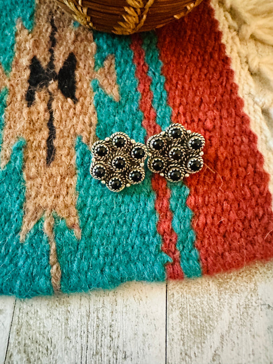 Handmade Onyx & Sterling Silver Cluster Stud Earrings Signed Nizhoni