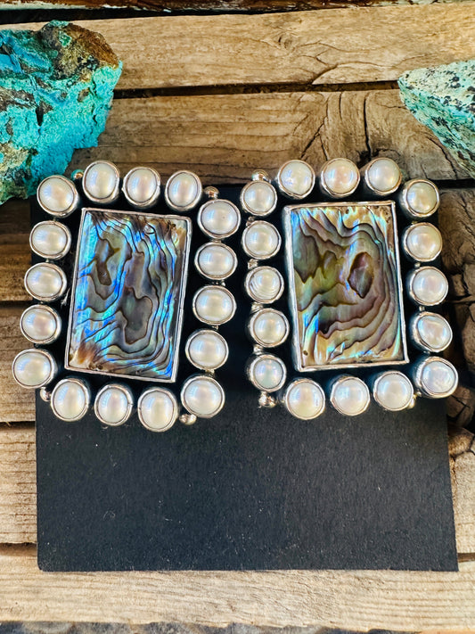 Handcrafted Abalone, Mother of Pearl & Sterling Silver Clip On Earrings by Federico Jimenez