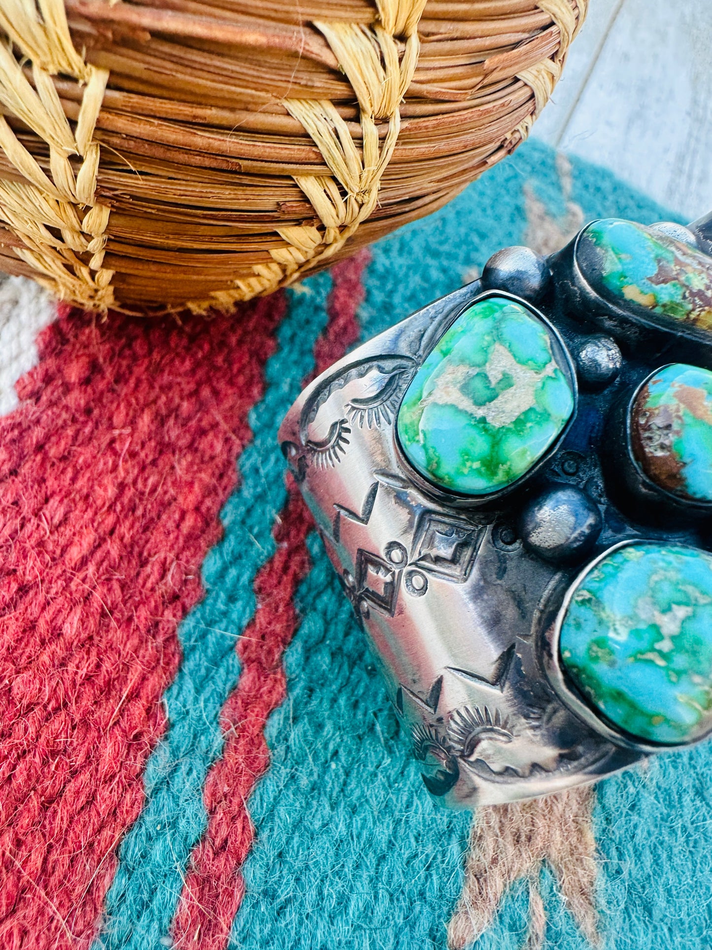 Handcrafted Sterling Silver & Sonoran Mountain Turquoise Cluster Cuff Bracelet by Chimney Butte