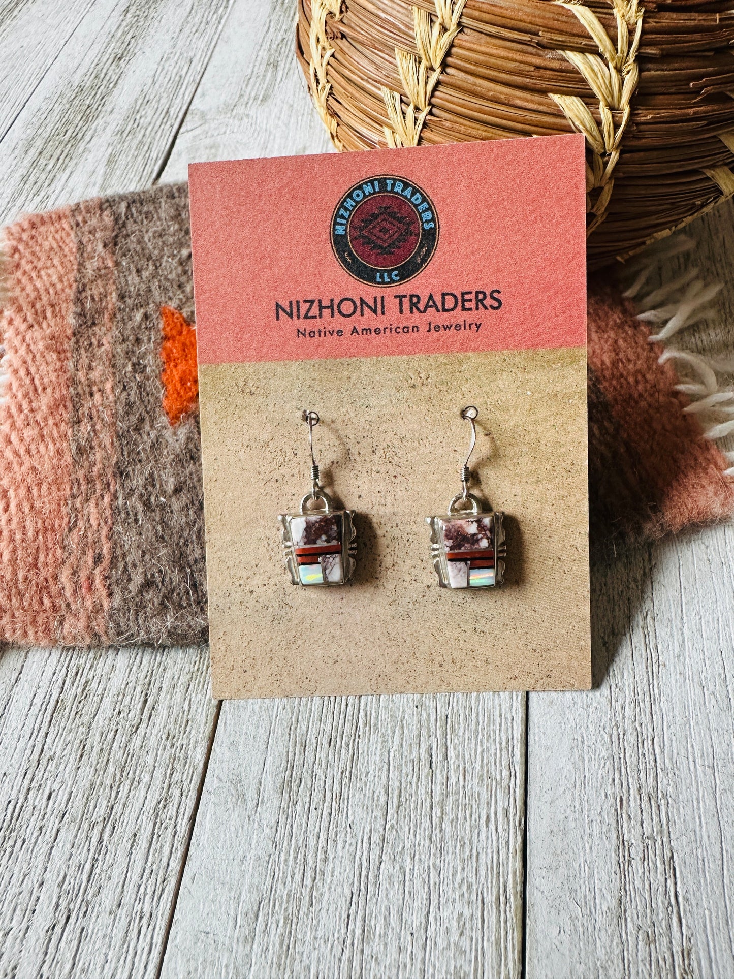 Handcrafted Sterling Silver & Multi Stone Inlay Dangle Earrings
