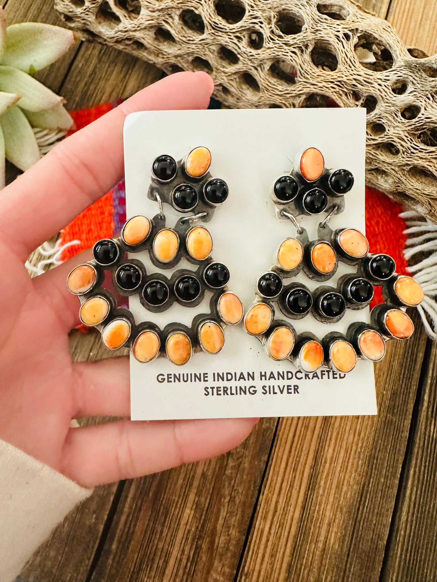 Handcrafted Onyx, Orange Spiny & Sterling Silver Cluster Dangle Earrings