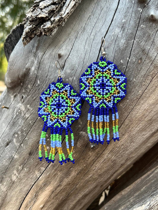 Handmade MultiColor Beaded Dangle Earrings (Blue, Green, & Gold)