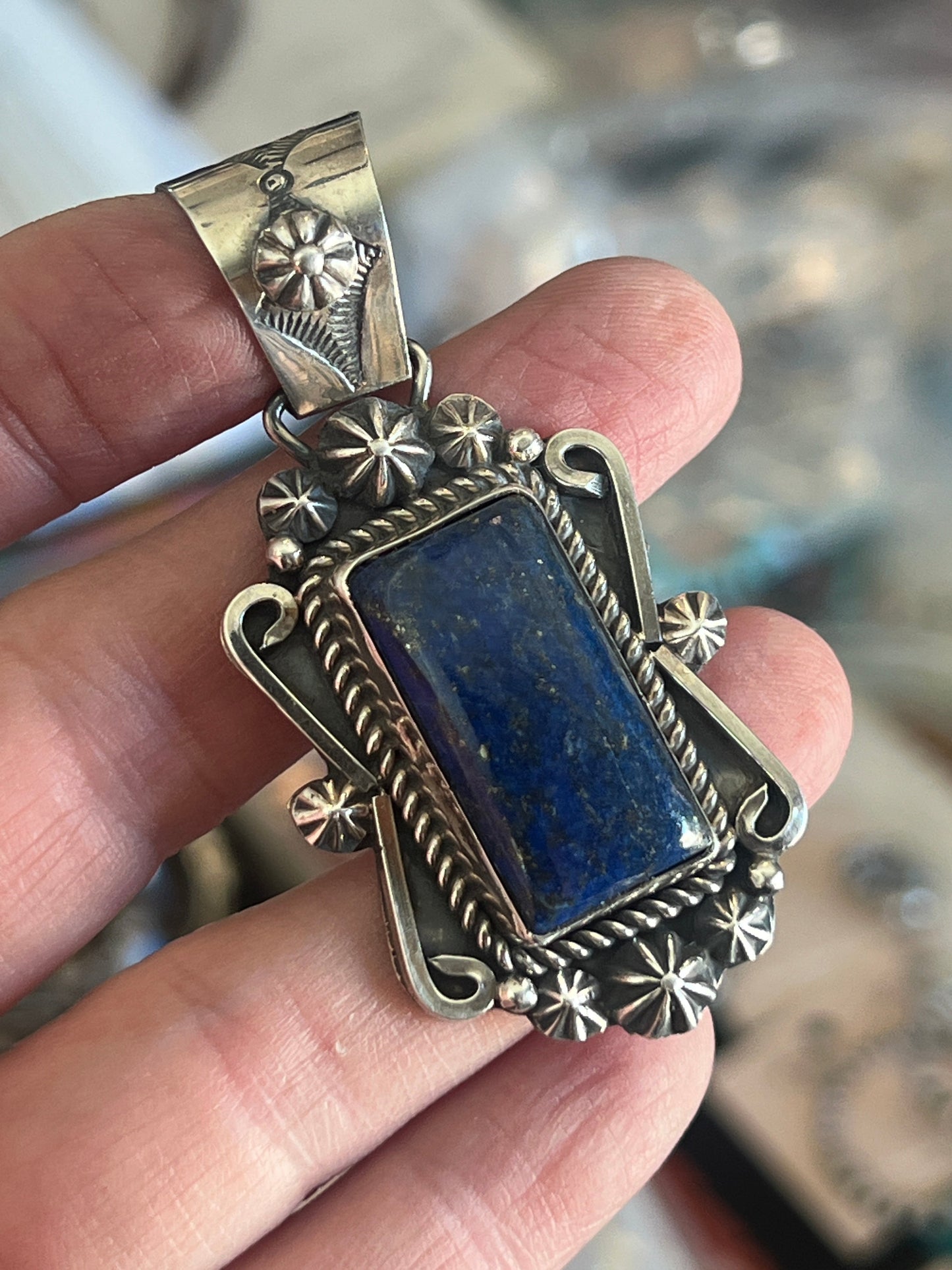 Handcrafted Rectangular Sterling Silver and Lapis Lazuli Pendant by Rosella Paxson